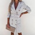 Office Lady Blazer Dress Women Notched Double Breasted Houndstooth print dress Elegant Autumn Long sleeve With Belt Dress 2XL.