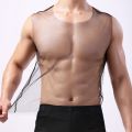 Transprent Mesh T-shirt Mens See Through Fishnet Gym Training TaMan Vest Underwear Nightclub Sheer Tops Gay Clothing. 