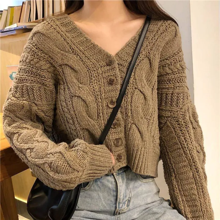 M144%20Cardigan%20Short%20Top%20Women's%20Korean-Style%20Retro%20V%20Collar%20Net%20Red%20Sweater%20Loose%20French%20Lazy%20Style%20Sweater%20-%20Image%202
