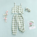 3 Pcs Infant Plaid Outfits, Girls Ruffled Boat Neck Tank Tops + Trousers with Pocket + Headband. 