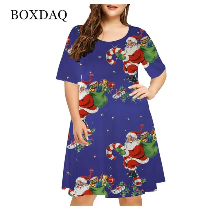 6XL%20Plus%20Size%20Women%20Clothing%20Red%20Christmas%20Elk%20Fashion%20Funny%20Cute%20Short%20Sleeve%20Print%20Dress%20X-Mas%20Snowman%20Snowflake%20Loose%20Dresses%20-%20Image%204