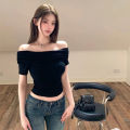 Hot Girl Style off-Shoulder off-Shoulder Short Sleeve T Women's Summer T-shirt 2024 New Pure Desire Black Slim-Fit Crop-Top. 
