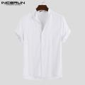 INCERUN Men Shirt Solid Color Cotton Stand Collar Short Sleeve Breathable Blouse Street Casual Men Brand Shirts Camisa Harajuku.