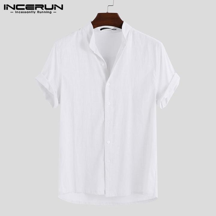 INCERUN Men Shirt Solid Color Cotton Stand Collar Short Sleeve Breathable Blouse Street Casual Men Brand Shirts Camisa Harajuku