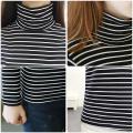 Women Black White Striped Long Sleeve T-Shirt Korean Style Turtleneck Tops. 