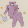 FOCUSNORM 0-18M Autumn Baby Girls Boys Clothes Sets 3pcs Solid Color Long Sleeve Ribbed Romper + Pants + Headband. 