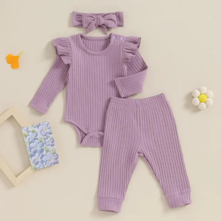 FOCUSNORM%200-18M%20Autumn%20Baby%20Girls%20Boys%20Clothes%20Sets%203pcs%20Solid%20Color%20Long%20Sleeve%20Ribbed%20Romper%20+%20Pants%20+%20Headband%20-%20Image%202