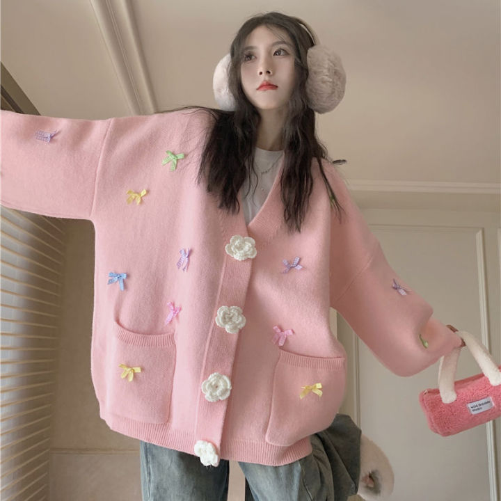 Women's%20Clothing%20New%20Korean%20Style%20Lazy%20Style%20Sweet%20Age-Reducing%20Candy%20Color%20Bow%20V%20Collar%20Three-Dimensional%20Flower%20Cardigan%20Sweater%20-%20Image%206