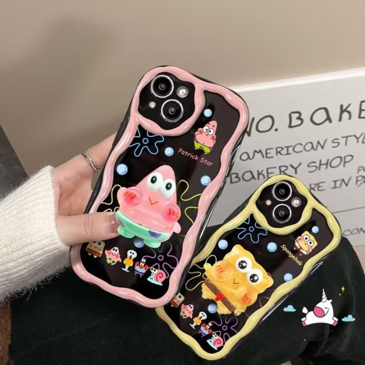 For Samsung A32 A51 A12 A13 A53 A04s A10s A54 A34 A11 A02s A24 A20s A14 A03 A02s A04E A20 A23 A50 A52 A30 A52s A31 A50s A30s Cartoon SpongeBob Patrick Star Bracket Case Cute 3D Wavy Curved  Soft Cover