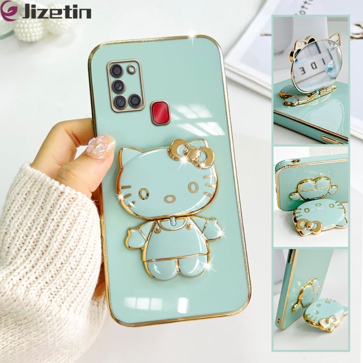 Jizetin for Samsung A21S Back Cover + Mirror + Hello Kitty Bracket 360 Rotation Luxury Plating Fashion Holder Phone Cases