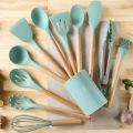 "Multicolor Silicone Kitchen Utensils Set, 12-Piece – Wooden Handles – Non-Stick Spatula, Shovel, Spoon – Ideal for Cooking and Serving – With Storage Bucket and PP Handle". 