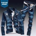 Spring Mens Denim Two Piece Set Hole Ripped Slim Fit Jacket Jeans Sets Male Casual Vintage Ropa Hombre Cargo Suit Streetwear.