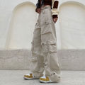 Pocket Solid Color Cargo Pants Women's Y2K Street Retro Loose Wide-Leg Overalls Couple Casual Joker Mopping Jeans Pants Women.