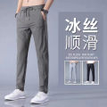 Xia Xiu thin ice silk casual pants men's work trend loose straight breathable sports cropped pants men.