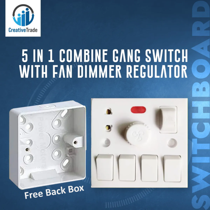 5 In 1 AC 250V 4 Pcs Gang Switch + Fan Dimmer Regulator + 2 Pin Socket and LED Indicator With Fuse Wall Gang Switch Box With 1 Gang Back Box