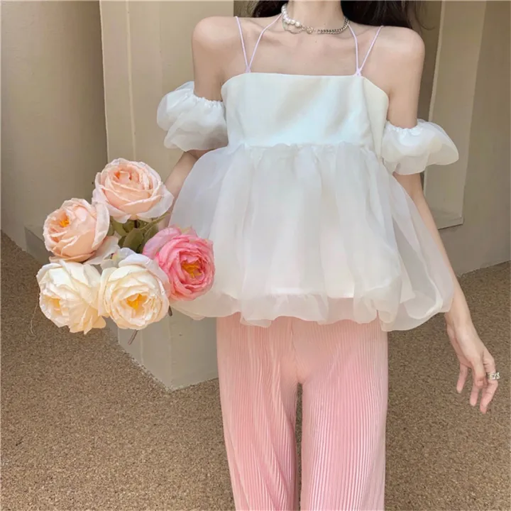 Pure%20Desire%20Puff%20Sleeve%20Halter%20Sling%20Shirt%20for%20Women%202023%20Summer%20New%20Sweet%20Gentle%20Short%20Puffy%20Yarn%20Small%20Shirt%20-%20Image%203