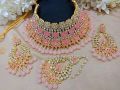 Indian Gold-Plated Wedding Necklace Set Thai Stone Choker with Earrings and Tikli.