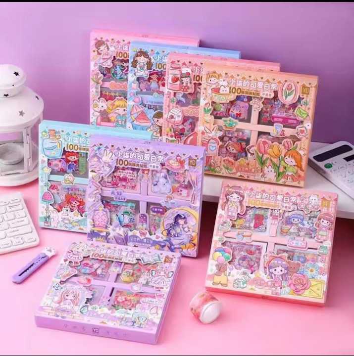 100 Sheets Stickers Box Space Park Anime Figure Pattern Decorative PET Cartoon Character Decals for Scrapbook