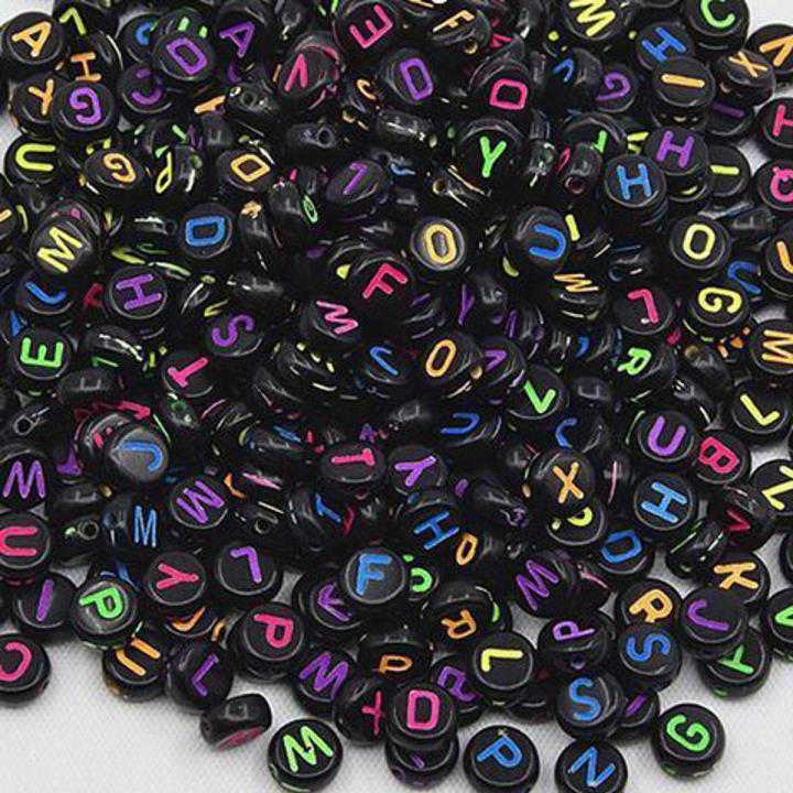 Black Round Neon Alphabet Beads 100 pcs