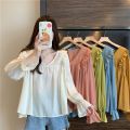 Ruffled Chiffon Shirt for Women Spring and Autumn New French Style Large Size Loose Slimming Slim-Fit Younger V Collar Pullover Top.