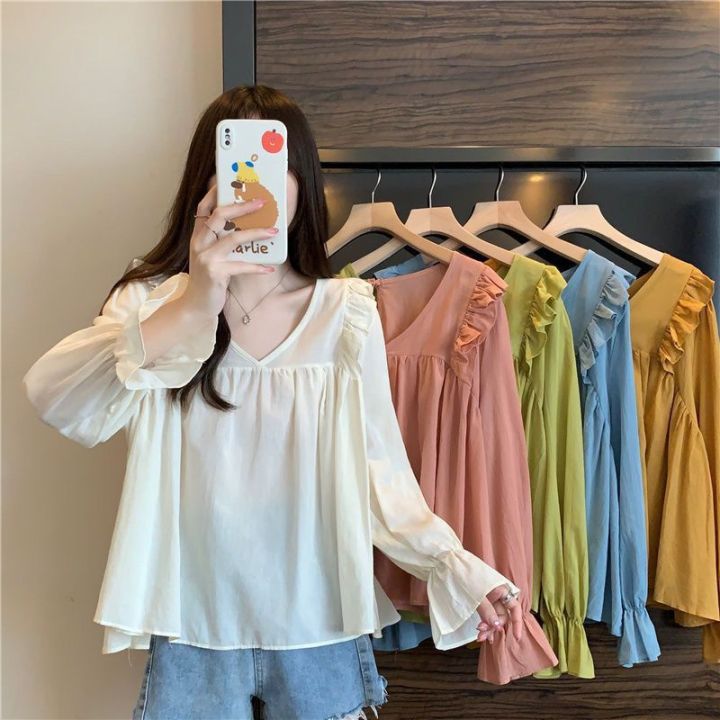 Ruffled%20Chiffon%20Shirt%20for%20Women%20Spring%20and%20Autumn%20New%20French%20Style%20Large%20Size%20Loose%20Slimming%20Slim-Fit%20Younger%20V%20Collar%20Pullover%20Top%20-%20Image%206