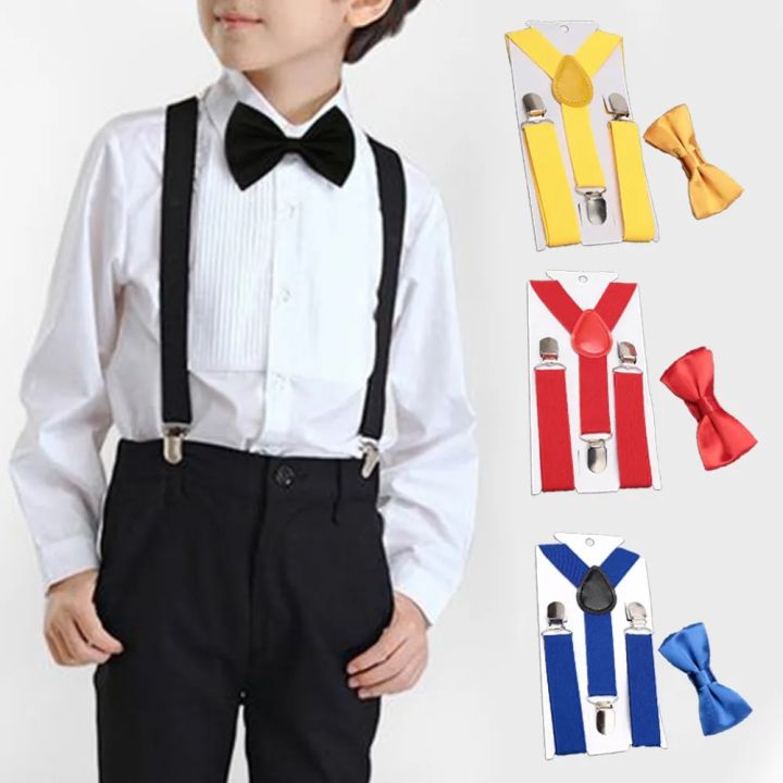 Kids Suspenders Bow Tie Set Boy Girl Retro Adjustable Suspenders Children  Baby Braces Clip-on Trousers Wedding Ties Accessories