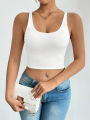 Solid Scoop Neck Cami Top, Casual Sleeveless Backless Crop Top, Women's Clothing. 
