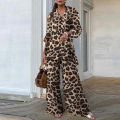 Women’s 2PCS Leopard Printed Long Sleeve Tops Shirt Wide Leg Pants Trousers Suits. 