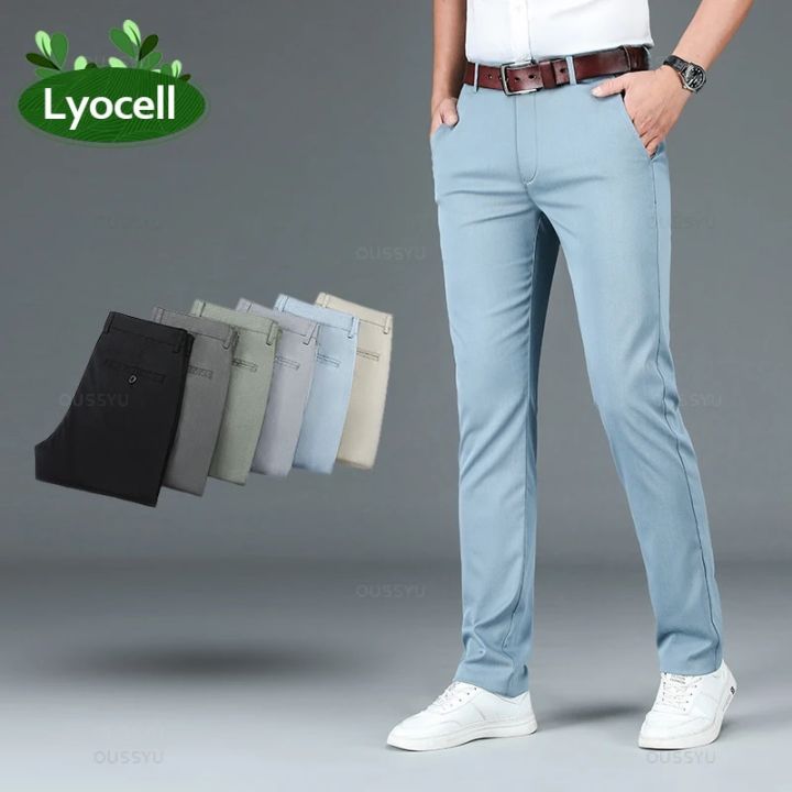Autumn Lyocell Men's Pants Business Trousers Male Fashion Sky Blue Khaki Straight Casual Pants Man Clothing Plus Size 30-40