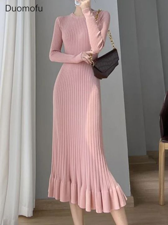 Duomofu%20Knitted%20White%20Dress%20Women%20Korean%20Fashion%20Ruffle%20Long%20Dresses%20Female%20Autumn%20Winter%20Elegant%20Long%20Sleeve%20Slim%20Sweater%20Dress%20-%20Image%203