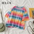 IELGY Ins rainbow striped short-sleeved T-shirt female. 