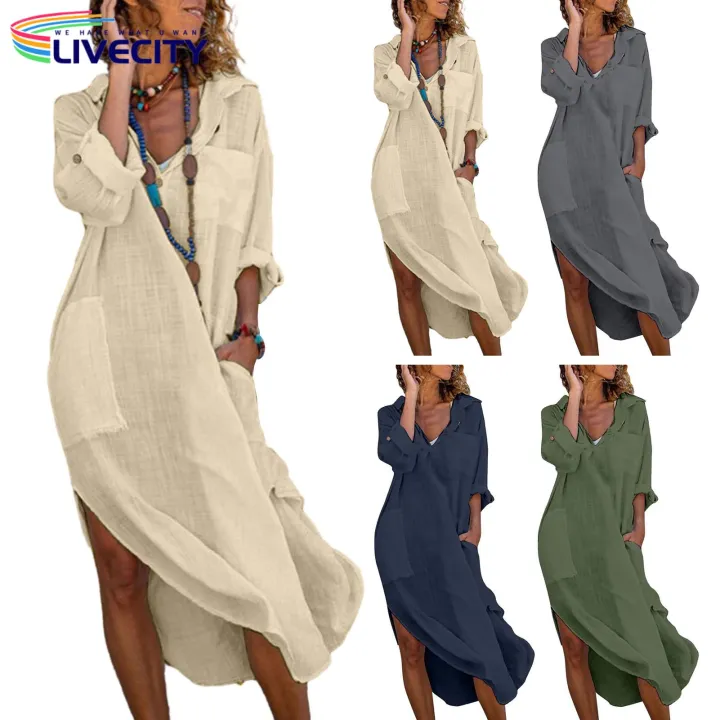Women%20Midi%20Dress%20Summer%20V-neck%20Shirt%20Dress%20with%20Pockets%20Side%20Split%20Perfect%20for%20Beach%20Holidays%20less%20Than%20Women%20Side%20Slit%20Hem%20Dress%20-%20Image%205