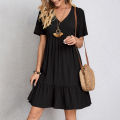 Summer Womens Short Sleeve Mini Dress Ladies Pleated Ruffle Solid Dresses Casual V Neck Vintage Loose Vestidos. 