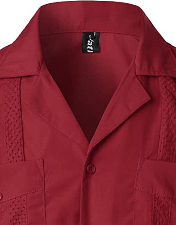 Red%20Four-Pocket%20Cuban%20Guayabera%20Shirt%20Men%20Short%20Sleeve%20Camp%20Collar%20Shirt%20Male%20Embroidered%20Mexican%20Cigar%20Wedding%20Beach%20Shirt%20-%20Image%203
