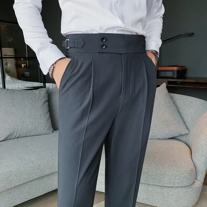Design Men High Waist Trousers Solid England Business Casual Suit Pants ...