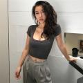 2022 Summer Slim T-Shirt Women Short Sleeve T Shirt U-Neck Gray Tee Female Solid Basic Black/White Korean Crop Tops Hot Y2k.