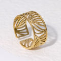 Hollow Palm Leaf Rings Tarnish Free Wide Adjustable Open Cuff Adjustable S925 Gold Plated Stainless Steel Ring for Women Girls. 