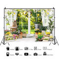 Laeacco Spring Garden Photography Backdrop Window Sill Flowers Grass Forest Natural Scene Baby Birthday Portrait Background. 