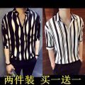 Online Red VIP Shirt Social Casual Korean Style Trend Hair Stylist Striped Pullover Shirt. 