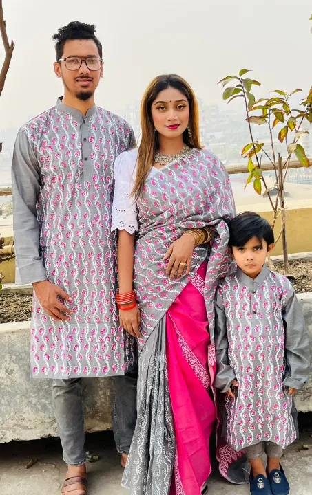 Block%20Print%20Family%20Set%20Half%20Silk%20Saree%20and%20Dhupian%20Panjabi%20for%20Father%20Mother%20and%20Son%20-%20Image%207