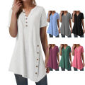 Ladies Button Design Short Sleeve Tops Blouse Irregular Ladies' Blouses.