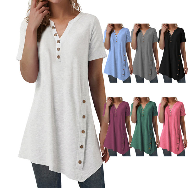 Ladies Button Design Short Sleeve Tops Blouse Irregular Ladies' Blouses
