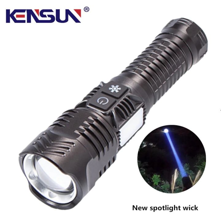 High Power Flashlight Spotlight Long-range Wick LED Torch Outdoor Strong Light With Red Blue Flashing Warning COB Side Lights
