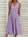 2021 Summer New Dress Fashion Pocket V Collar Sleeveless Striped Dress.