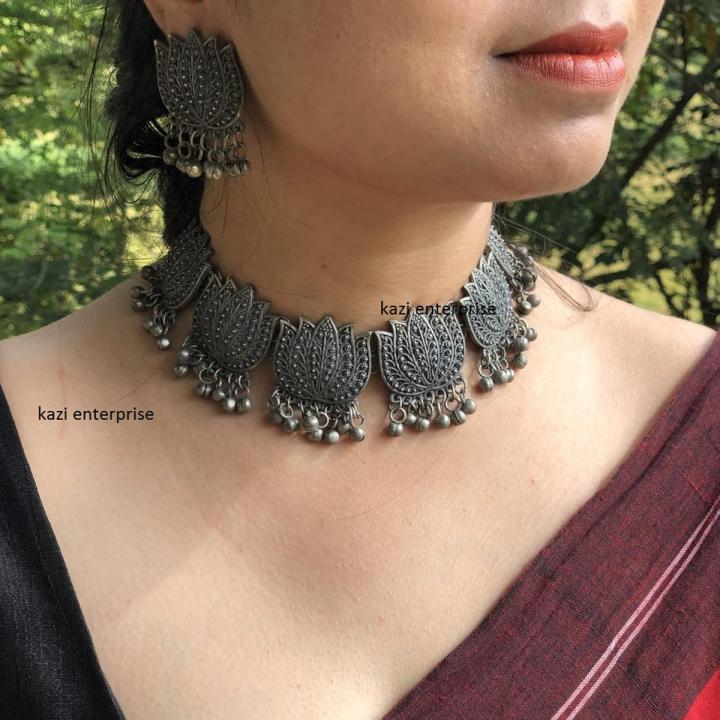 Zooniv Banjara Style Oxidised Silver Choker Necklace Set for - Main Image