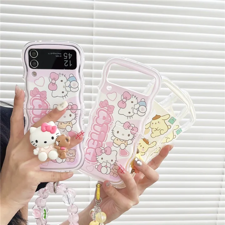 Wavy%20Phone%20Case%20For%20Samsung%20Galaxy%20Z%20Flip%204%205%203%20Cute%20Pink%20Hello%20Kitty%20Cinnamoroll%20Sanrio%20Kuromi%20Edge%20Back%20Cover%20Mascaraara%20-%20Image%203