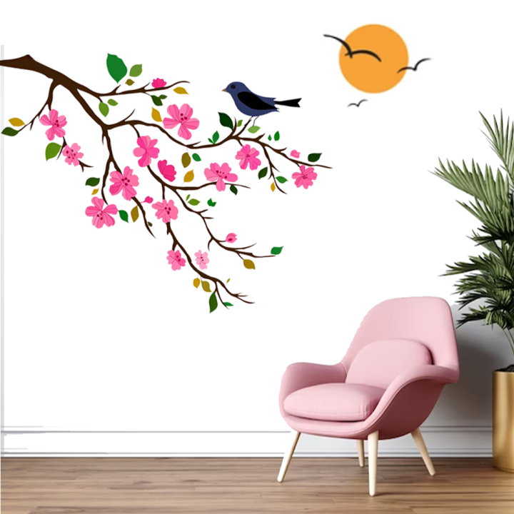 Tree with Birds Wall Sticker (PVC Vinyl, 42 inch x 30 in, Pink)