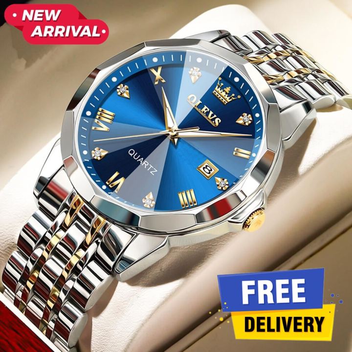 NEW FREE BOX Olive-s Luxurious Formal Fashionable Look Cutting Edge Glass Day and Date Facilities Stainless Steel Chain Strap Men's Watch