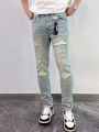 Fashion Men's Ripped Jeans Casual Stretch Denim Pants High Street Slim Fit Light Blue Hip Hop Jeans Streetwear Man's Trousers.