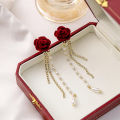 Flower Pearl Chain Tassel Stud Earrings For Women. 